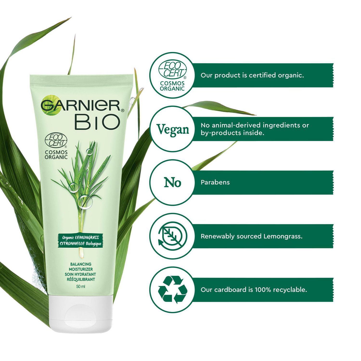 Garnier Bio Soin Hydratant Rééquilibrant à la Citronnelle biologique, pour peaux normales à mixtes, 50ml