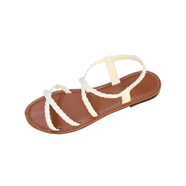 Flat Sandals for Women Elastic Strap Weaving Cross Straps Solid Color Open Toe Non Slip Beach Roman Sandals White