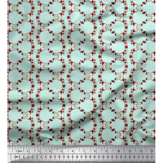 Soimoi Green Cotton Duck Fabric Anemone & Roses Floral Print Printed Fabric 1 Yard 44 Inch Wide