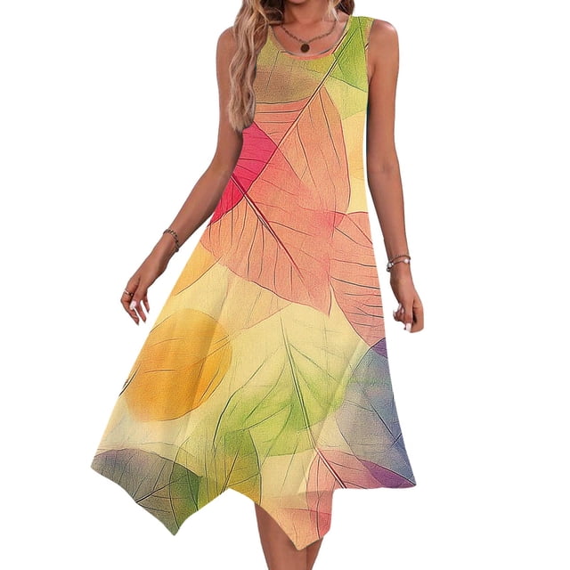 Ovzne Robes Grande Taille pour Femmes aux Formes Robe de Plage Robes pour Femmes Sans Manches Col Rond à Cordon Décontractée à Volants Robe Trapèze Courte Robe de Printemps Imprimée Liquidation
