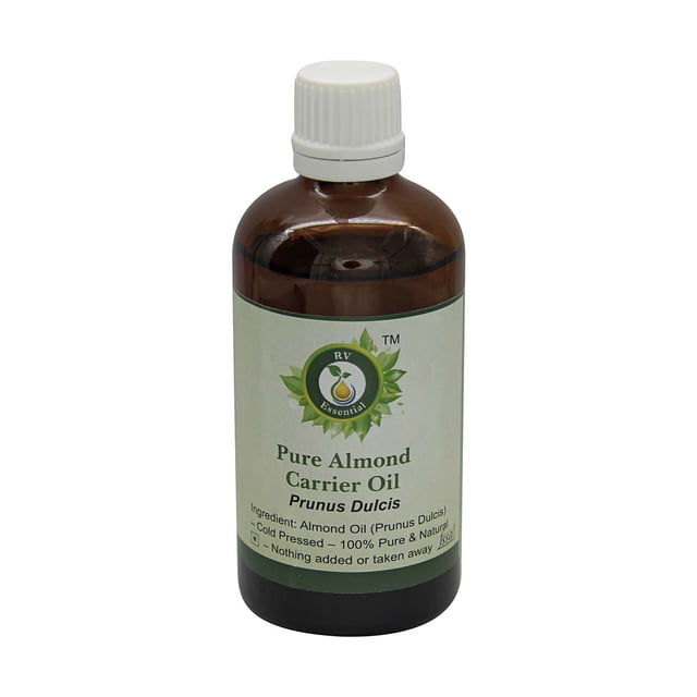 R V Essential Pure Almond Carrier Oil, Prunus Dulcis, in a 15ml amber glass bottle with a white cap. This 100% pure and natural cold-pressed almond oil is suitable for skin, hair, massage, face, and cooking. The label highlights its certified quality and purity guarantee.