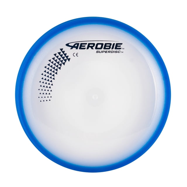 Aerobie Superdisc Flying Disc – Blue, 10-inch frisbee with a translucent white center and blue cushioned edge, featuring the Aerobie logo and black triangle pattern, designed for long, accurate throws and stable flight during outdoor play.