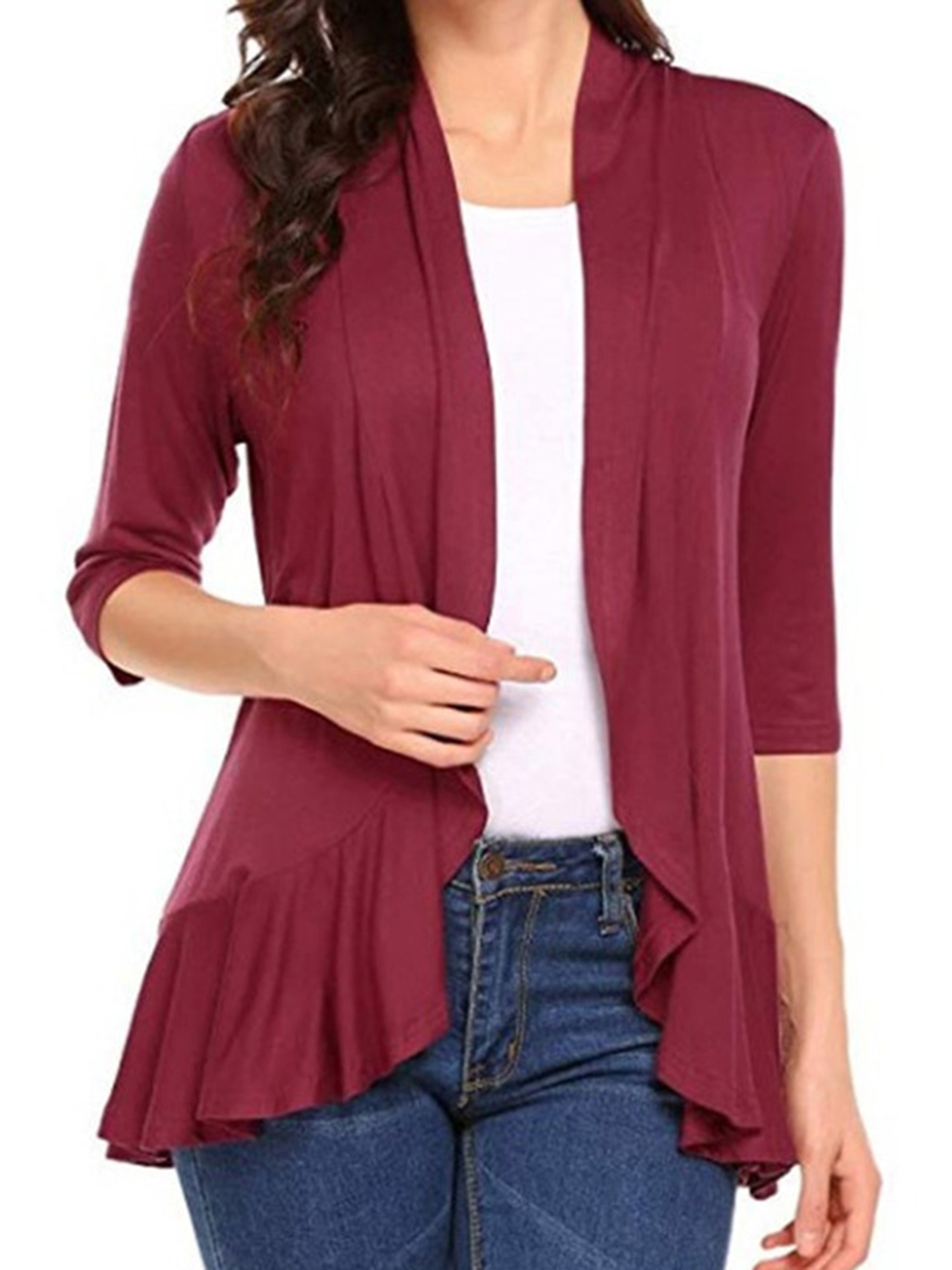 Cardigan Ouvert Léger Décontracté pour Femmes Manches 3/4 Col Ample à Volants