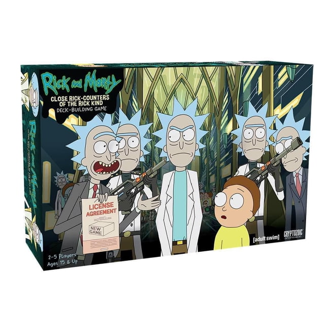 Rick and Morty: Close Rick-Counters of the Rick Kind Deck-Building Game box showing animated characters Rick and Morty with multiple armed Ricks in a futuristic corridor, representing a strategy board game for 2-5 players aged 15 and up, suitable for fans of classic deck-building games.