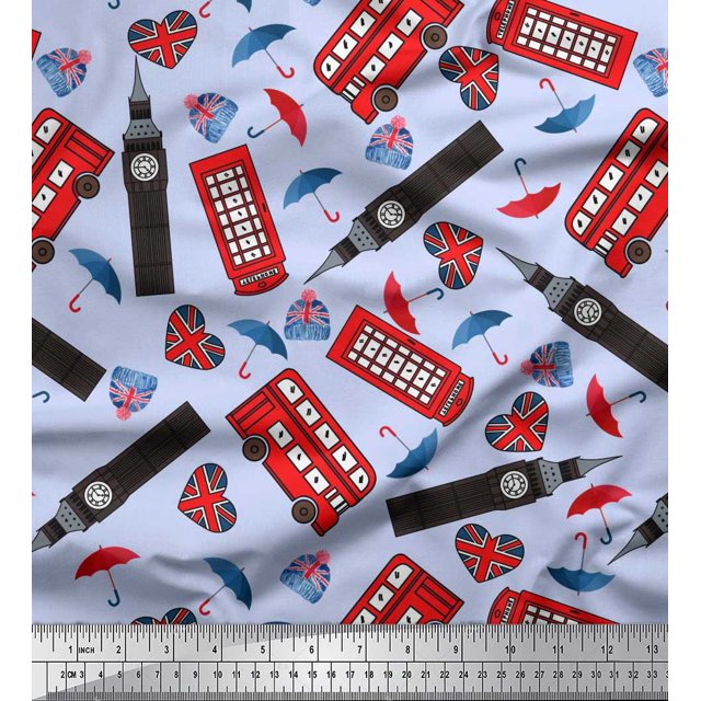 Soimoi Modal Satin Fabric Bus,Telephone Booth & London Clock Tower Architectural Decor Fabric Printed Yard 42 Inch Wide