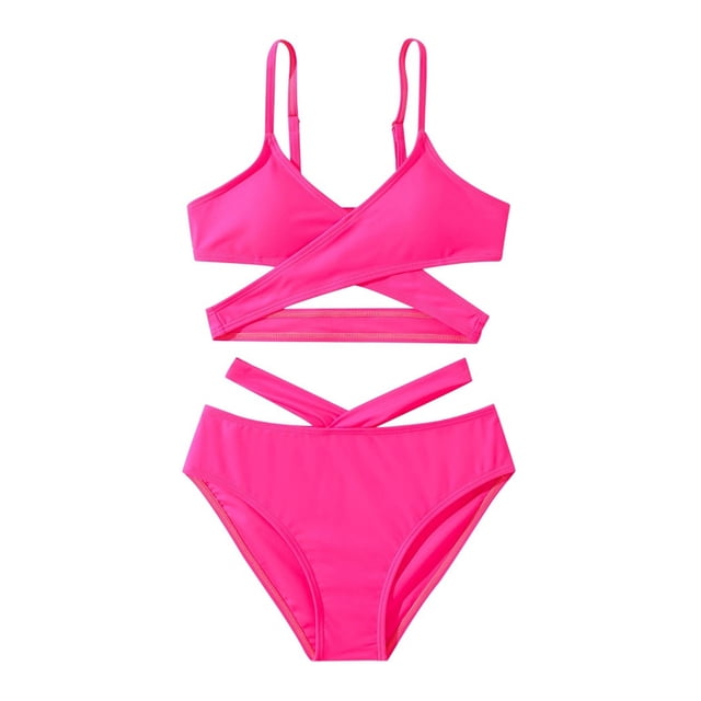 MIASHUI Girls 2 Piece Swimsuits Solid Spaghetti Strap Bikini Set Beach Bathing Suit,Hot Pink,11-12 Years