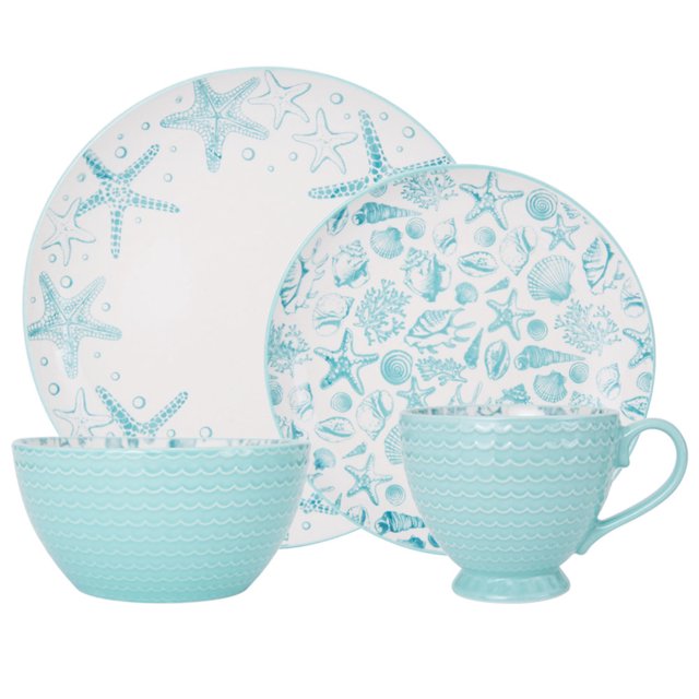 Pfaltzgraff Venice 16-Piece Stoneware Dinnerware Set, Service for 4, Aqua/White with starfish and seashell patterns on plates, bowls, and mugs. Durable stoneware with a teal exterior, ideal for casual and formal dining. Coastal theme dinnerware set for 4, dishwasher and microwave safe.