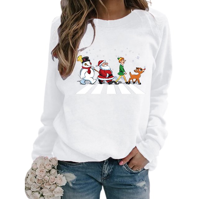 Innerwin Chandail Col Rond Femmes Hauts Imprimé de Noël Xmas Chandail en Molleton Blanc TG
