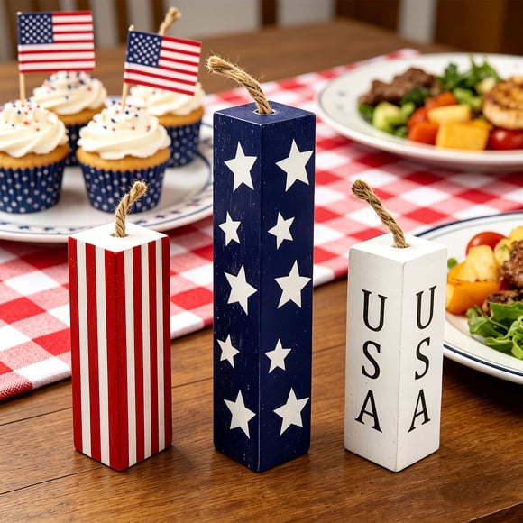 Patriotic 4th of July Wooden Block Decor Set 4.72 in US Star Stripes Table Centerpiece for Independence Day Memorial Day