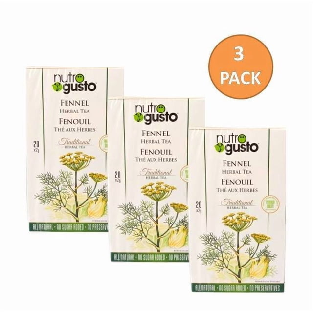 NUTRO GUSTO Fennel tea 40g x3 pack with three boxes of 20g fennel herbal tea each. This specialty tea is 100% natural, cholesterol-free, caffeine-free, and contains no preservatives or artificial sweeteners. Ideal for digestive comfort and relaxation.