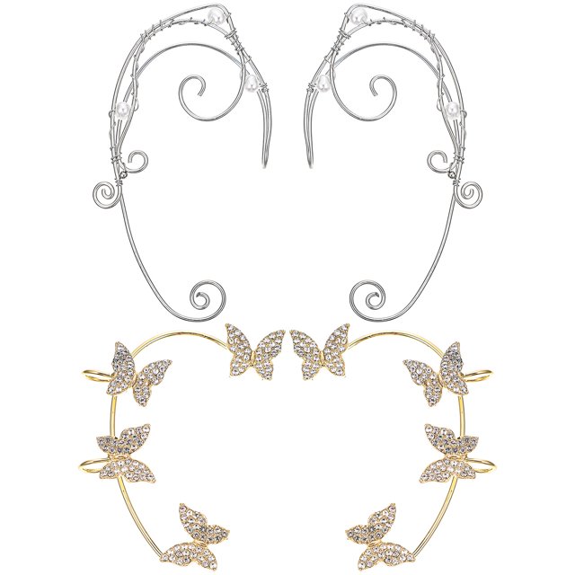2 Paires de Boucles d'Oreilles Elf Manchette Papillon Clip sur Boucles d'Oreilles Sans Perçage Clips Bijoux