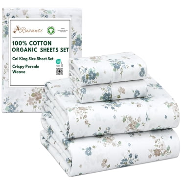RUVANTI 100% Organic Cotton Sheets - California king Sheet Sets - 4 Piece Percale Weave Bedding, Crisp, Cooling & Breathable, Soft & Durable, 16" Deep Pocket, Hotel Quality Sábanas - Halcyon