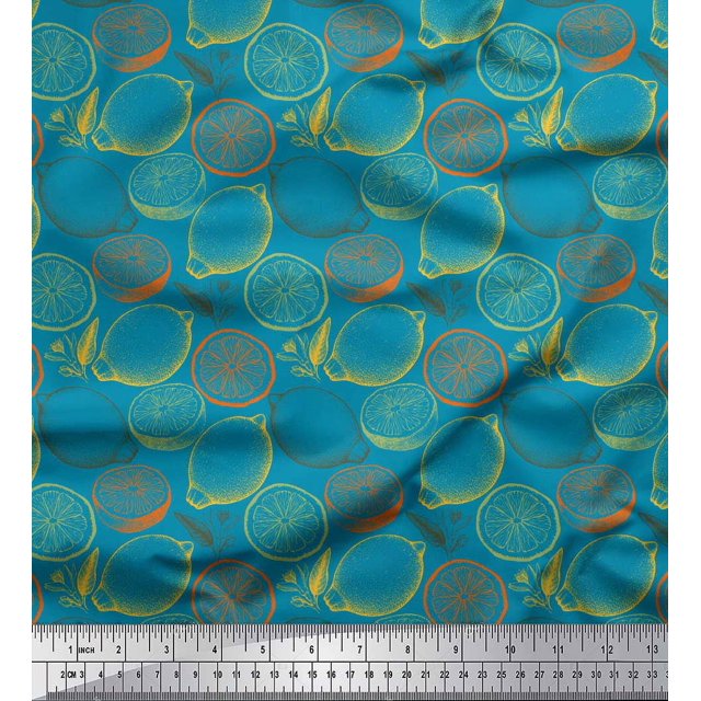 Soimoi Blue Heavy Satin Fabric Lemon Slice Vegetable Fabric Prints By Yard 54 Inch Wide