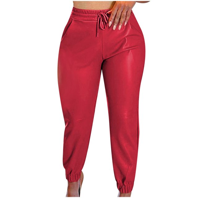 Yuyuzo Plus Size Leather Pants Women Drawstring Elastic High Waisted Jogger Pants with Pockets