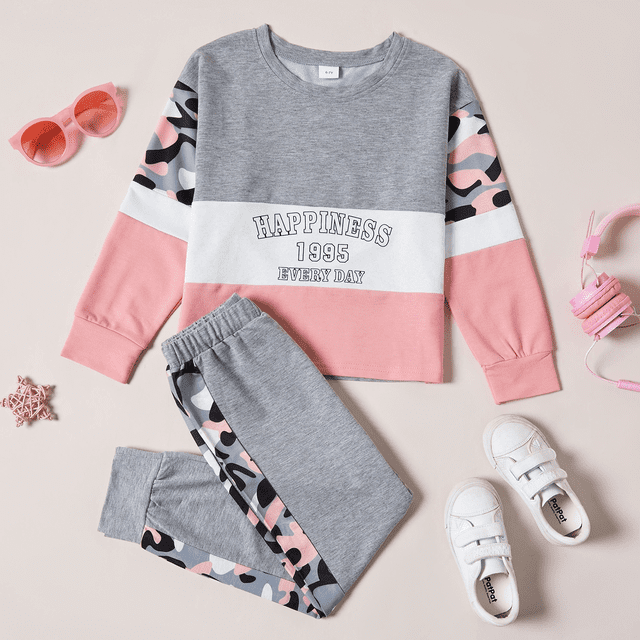 PatPat Kid Girls Pullover Printed Colorblock Sweatshirt and Joggers Set 2 Piece Sizes 4-12