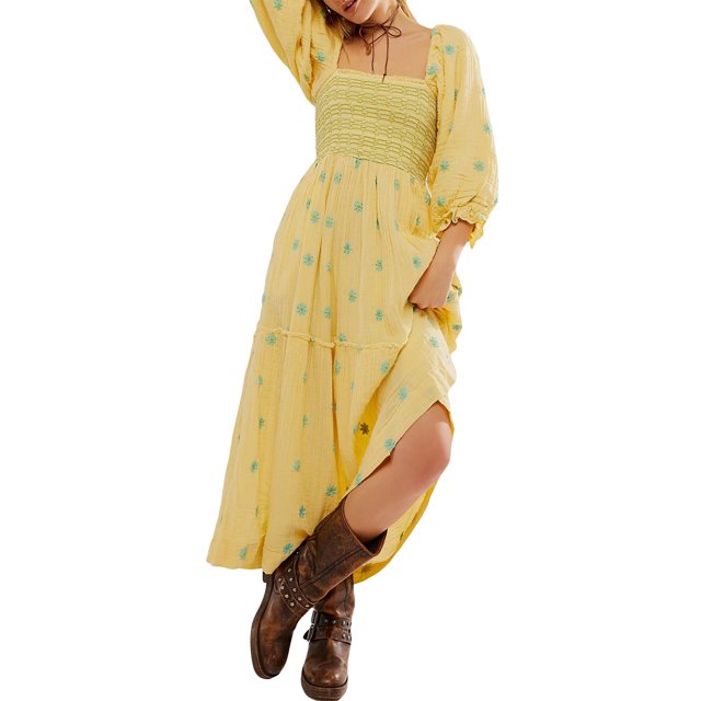 Kmbangi Robe Longue d'Été Décontractée pour Femme avec Fleurs Brodées 3D, Encolure Carrée, Manches Bouffantes et Dos Nu Coupe Trapèze. le Tissu Jaune Doux avec accents Floraux la Rend Parfaite pour les Tenues Décontractées d'Été, les Fêtes Ou les occasions Spéciales.
