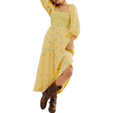 Kmbangi Robe Longue Décontractée d'Été pour Femme, Fleurs Brodées 3D, Encolure Carrée, Manches Bouffantes, Robe Mode Dos Nu, Robe Trapèze