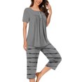 thumbnail image 2 of Timegard Ensembles de Pyjamas pour Femmes 2 Pcs Détente Col Rond Manches Courtes Haut Pantalon Capri à Rayures avec Poches Tenues, 2 of 7