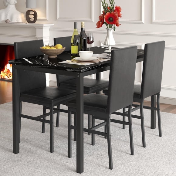 AWQM 5-Peice Dining Table Set, Faux Marble Dining Room Table and Chairs Set, Rectangle Kitchen Table Set with Durable Metal Frame and Upholstered Chairs, for Dining Room, Kitchen, Black