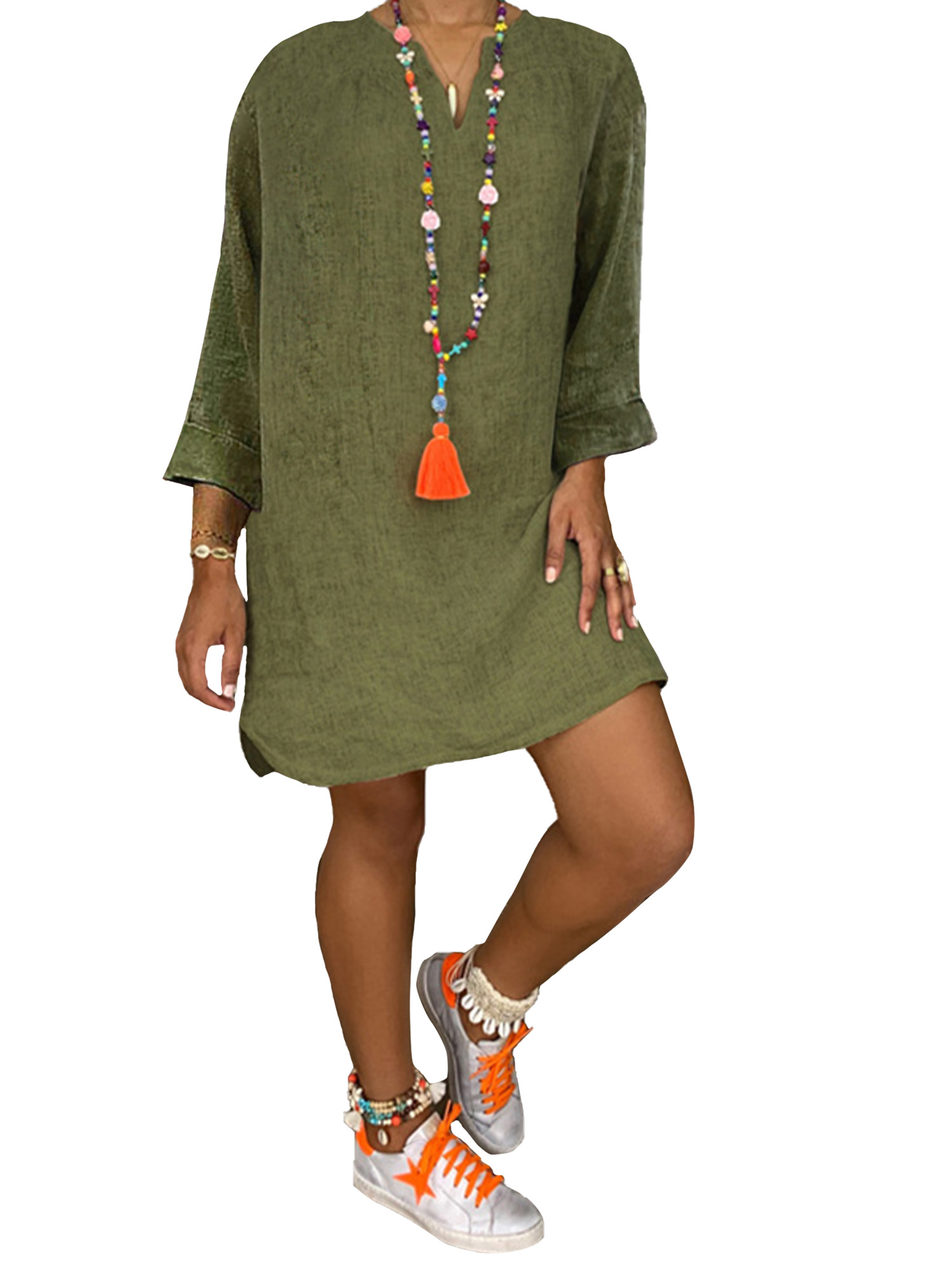 LUXUR Robe Courte pour Femmes à Col en V, Manches Longues, Aguichant, Couleur Unie, Vert Armée, 4TG