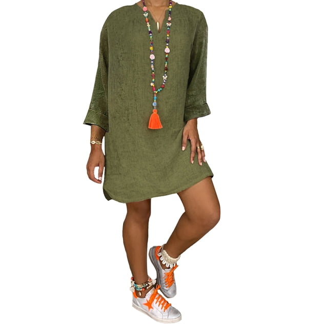 MAWCLOS Ladies Mini Dresses V Neck Short Dress Solid Color Sexy Holiday Long Sleeve Army Green 3XL