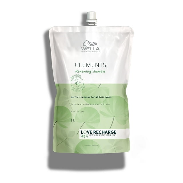 Wella Professionals Elements Renewing Shampoo in a 1L eco-friendly pouch with green leaf design. Sulfate and silicone-free formula suitable for all hair types, enriched with natural ingredients like aloe vera. Ideal for men's hair care routines.