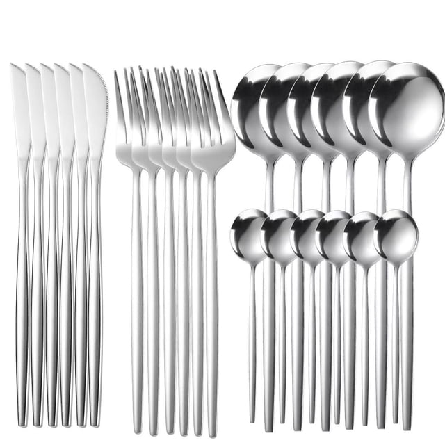 Xiao Hua stainless steel cutlery set of 24 pieces, including 6 knives (8.6 inches), 6 forks (8.4 inches), 6 spoons (8.2 inches), and 6 dessert spoons (5.1 inches). The silver set is made of high-quality stainless steel, offering rust resistance and durability. Suitable for serving 6 people, it is ideal for family dinners, holiday gatherings, or commercial use in cafes. Dishwasher safe for easy cleaning.