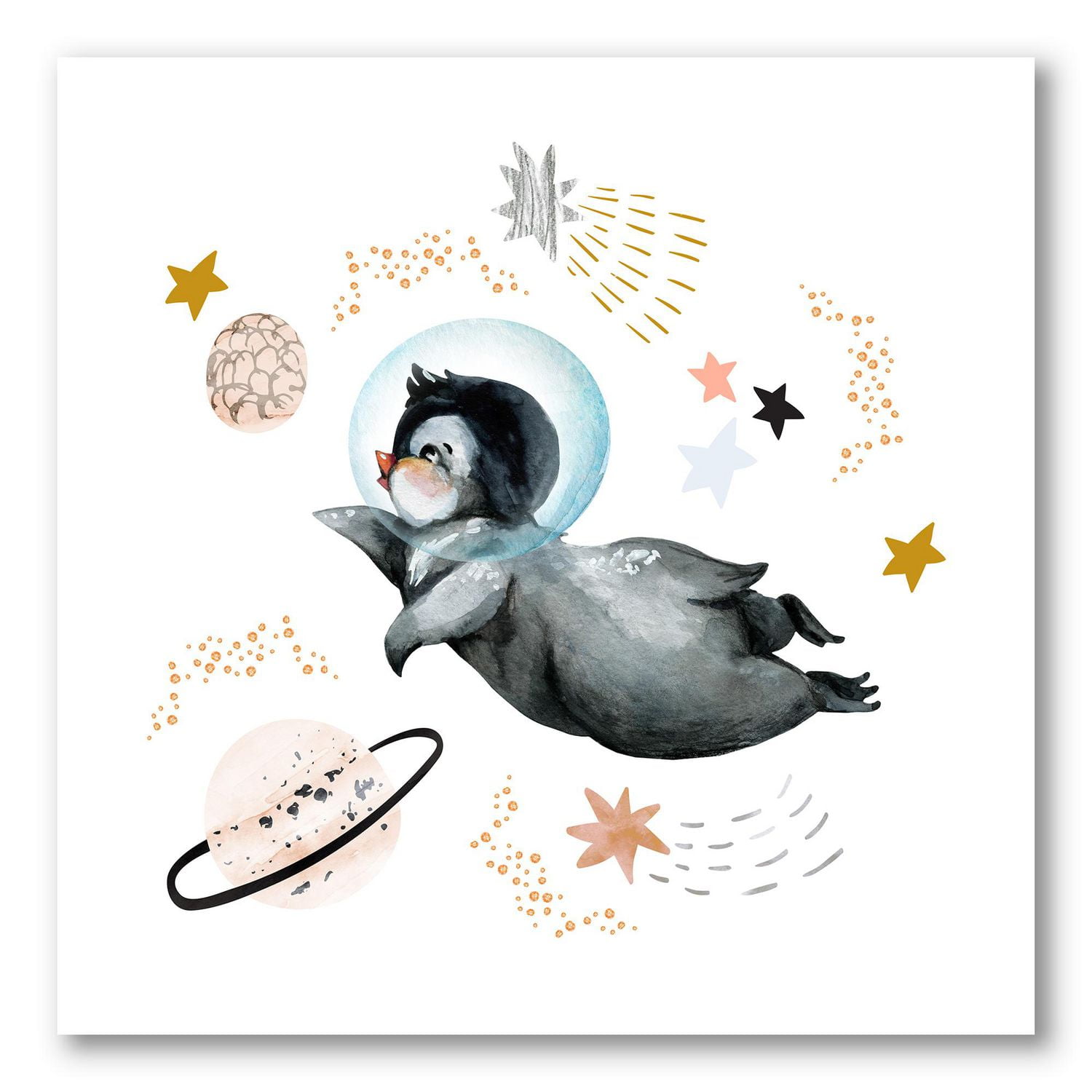 Designart Petit Pingouin Volant Étoiles et Planètes II Art mural sur toile