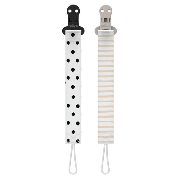 Dr. Brown's Fabric Pacifier Clips, Universal Fit Strap for Pacifiers, Dot and Stripes, BPA Free, 0 - 18 Months, 2 pack