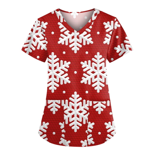 TIMIFIS Haut de Sarrau Rouge pour Femmes, Haut Cache-Cœur Imprimé de Noël pour les Fêtes, Chemise à Encolure, Bonhomme de Neige, Manches Courtes, Col en V, Tunique d'Infirmière pour le Travail, Blouse d'Uniforme de Travail avec Poches - Rouge Automne/hiver