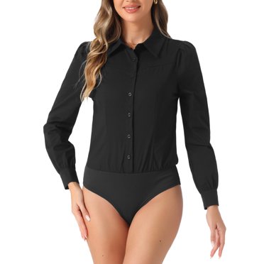 Allegra K Justaucorps Chemise pour Femmes Col Business Casual Boutonnée Manches Longues Justaucorps Top L Noir