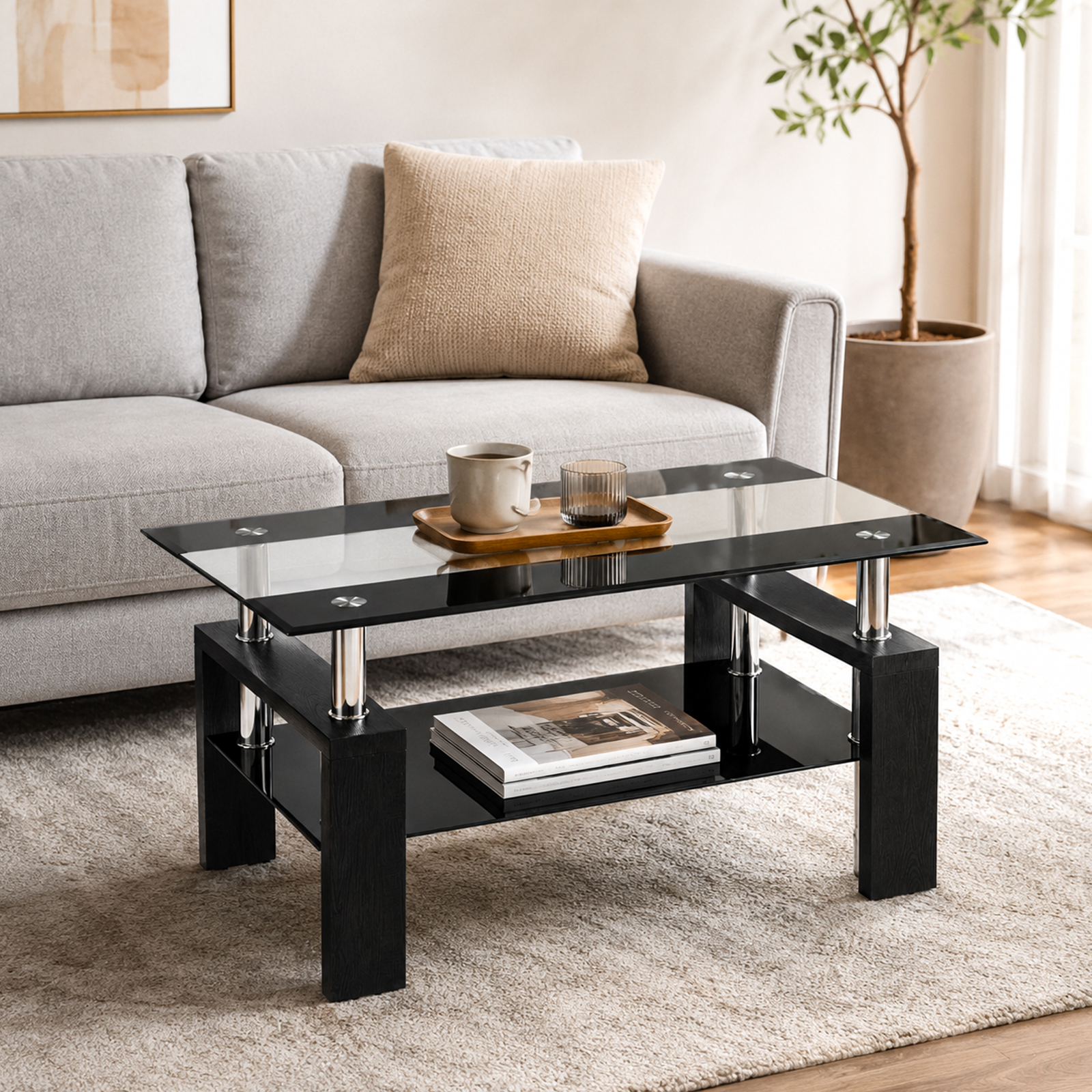 Noble House Modern Rectangular Tempered Glass Coffee Table,Double-Layer Glass Top with Sturdy Black Legs,34.45" Compact,Black