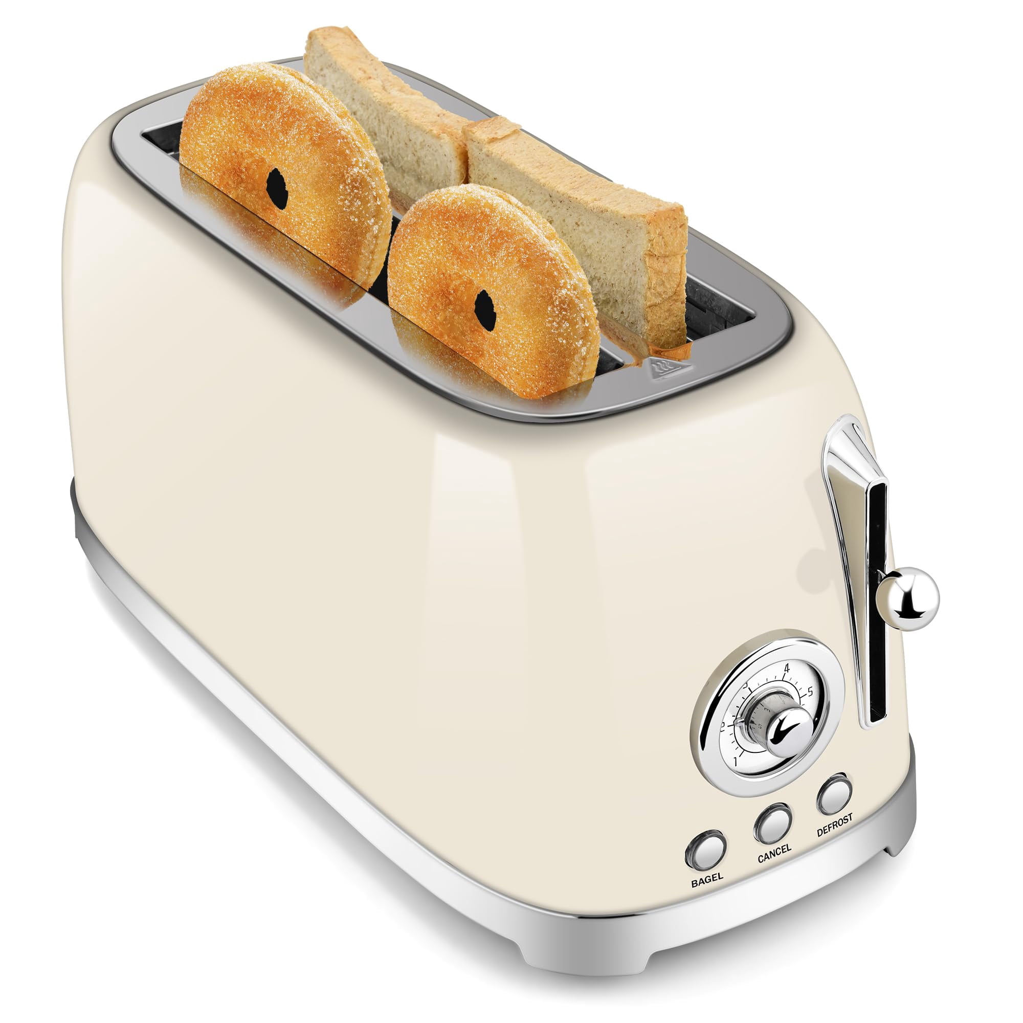 SUSTEAS Toaster 4 Slice Wide Slot, Stainless Steel Bread Bagel Toasters, Retro Long Slot Tostadora for Defrost, Reheat, Removable Crumb Tray, 1500W,