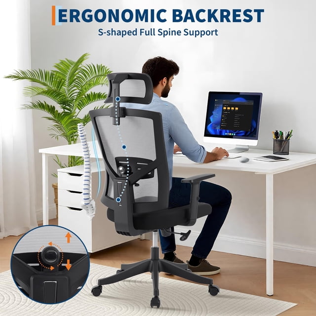 EDTara Executive Mesh Office Chair, High Back Ergonomic Design with 4D Armrests, Lumbar & Headrest Adjustment, Sliding Seat, Tilt Lock for Home Office