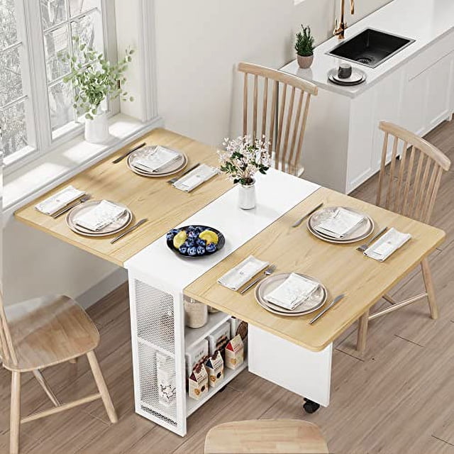 Table à Manger Pliante avec Roues et 2 Étagères de Rangement Table à Manger Gain de Place Table de Cuisine Pliante pour Petits Appartements
