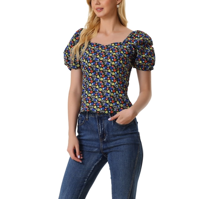INSPIRE CHIC Haut à Fleurs Smocké pour Femme à Manches Bouffantes, Encolure Cœur, TP Noir Rouge