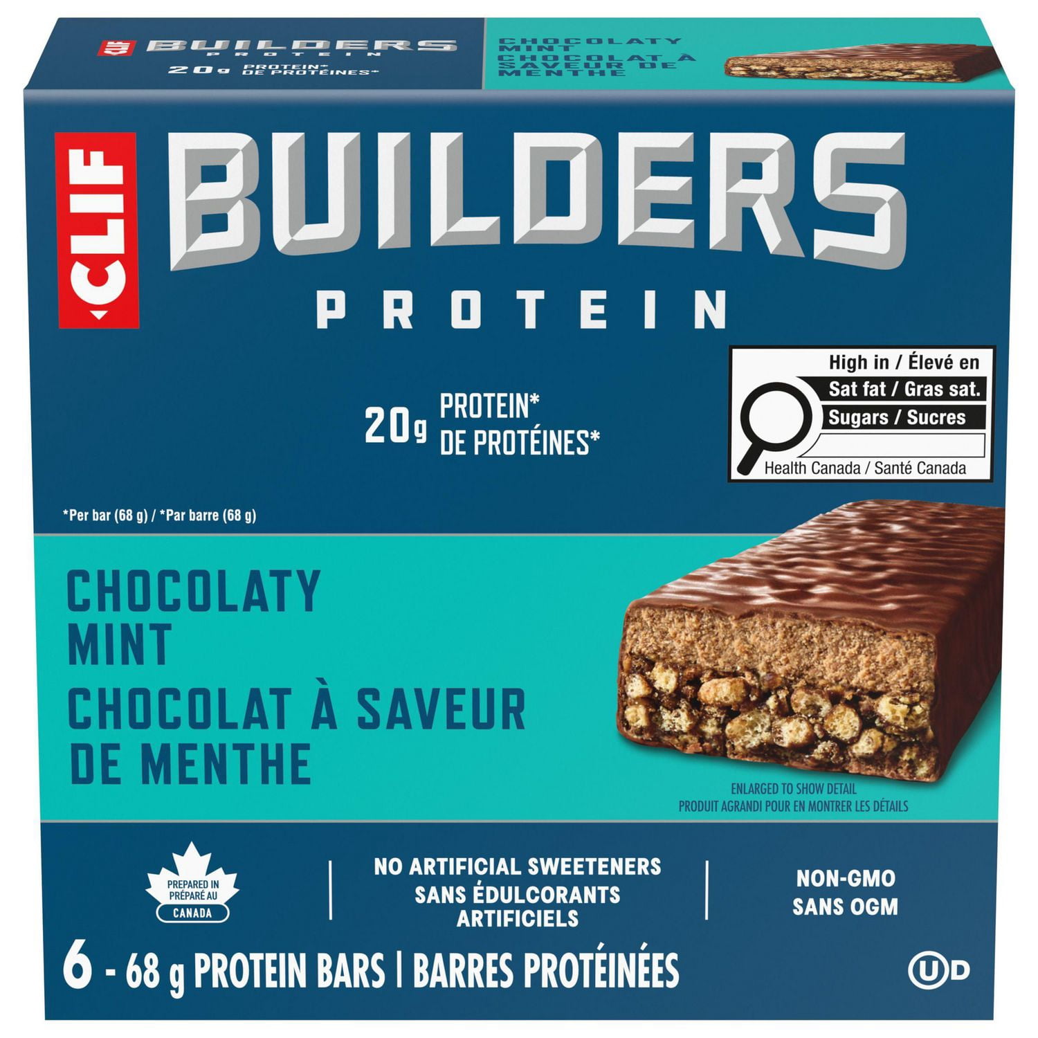 CLIF BUILDERS Protein Bars, Chocolate Mint Flavour, 20g of Protein, Prepared in Canada, Gluten Free, No Artificial Sweeteners, 6x68g