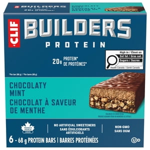 CLIF BUILDERS Protein Bars, Saveur à la menthe de chocolat, 20g de protéines, préparées au Canada, sans gluten, sans édulcorants artificiels, 6x68g