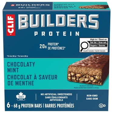CLIF BUILDERS Protein Bars, Chocolate Mint Flavour, 20g of Protein, Prepared in Canada, Gluten Free, No Artificial Sweeteners, 6x68g