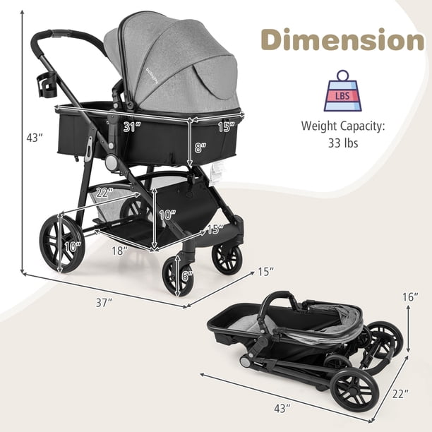 babyjoy グレー ベビーカー Babyjoy 2 in 1 Foldable Baby Stroller Kids Travel Newborn Infant