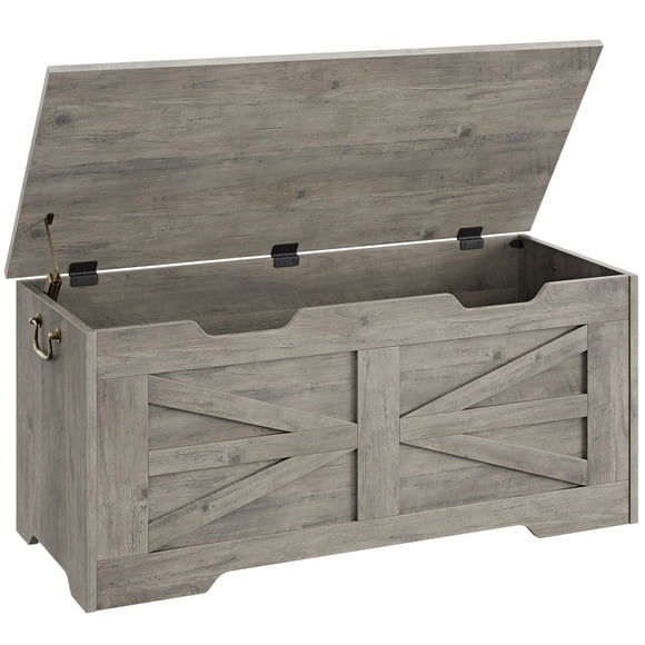 39.4" Wooden Storage Bench – Farmhouse Blanket Chest with Safety Hinge – 350 lb Weight Capacity – Entryway, Living Room & Bedroom Storage – Grey