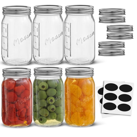 Regular Mason Jars with Airtight Lids, Labels and Measures - 16 oz - Set of 6