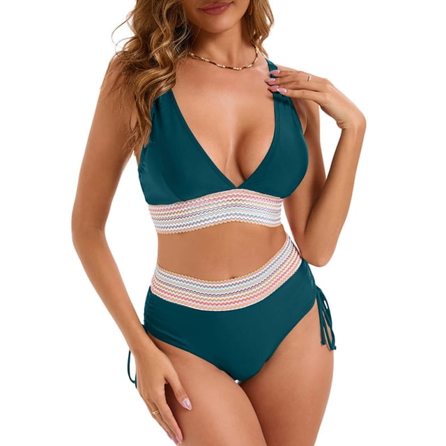 YUTK Womens Bathing Suits - Women's Bikini High Waisted Split Color Suit with Drawstring Gathered Abdominal Swimsuit Green Xl
