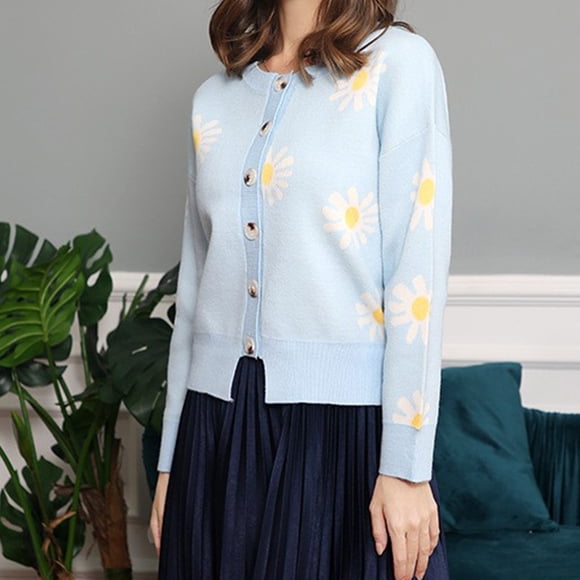 EGNMCR Cardigan Fashion Women Casual Floral Printed Long Sleeve Knitted Cardigan Sweater Coat Women Coat