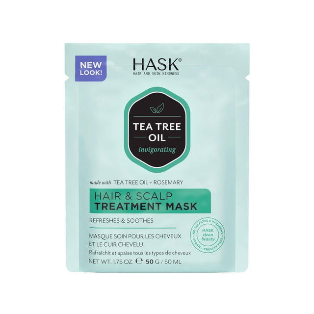 Tea Tree Oil & Rosemary Hair & Scalp Treatment Mask by Hask in a 50ml light teal sachet with black and green label, formulated to hydrate, soothe, and refresh the scalp and hair, free of sulfates, parabens, silicones, and cruelty-free, suitable for all hair types.