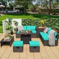 thumbnail image 3 of Costway 9PCS Patio Rattan Furniture Set Fire Pit Space-saving W/Cover Turquoise Cushion, 3 of 10
