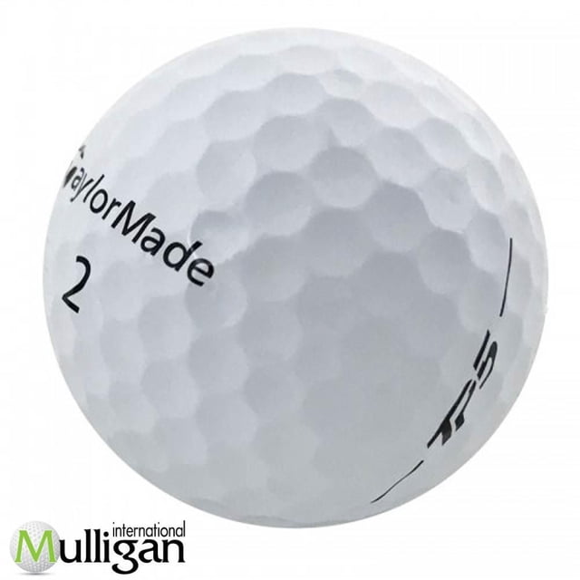 Mulligan - 12 Taylormade TP5 4A Recycled Used Golf Balls, White, close-up of a white dimpled golf ball with black TaylorMade logo, number 2, and TP5 marking, showing near mint condition. These recycled balls provide excellent distance and soft feel, ideal for golf practice and play.