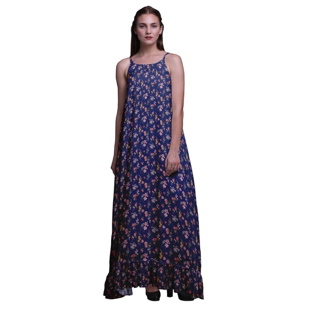 Bimba Bleu Royal Feuilles Florales et Imprimé Vêtement de Nuit pour Femmes Longue Robe Maxi à Bretelles Spaghetti Tenue de Sommeil Robe Medium