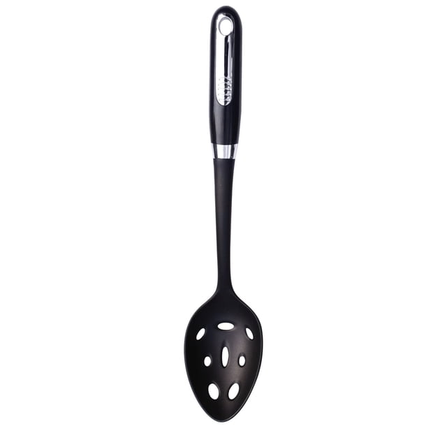Mainstays™ Slotted Spoon with a black handle featuring a hanging hole and silver accent, and a black slotted spoon head with multiple oval drainage holes, ideal for draining and serving food in the kitchen, dishwasher safe.