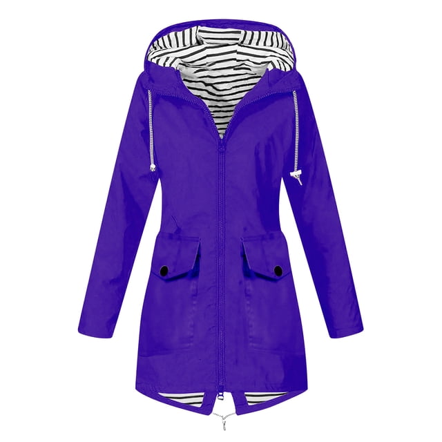 CEHVOM Women Solid Color Rain Jacket Outdoor Hooded Windproof Loose With Pocket Coat Clearance